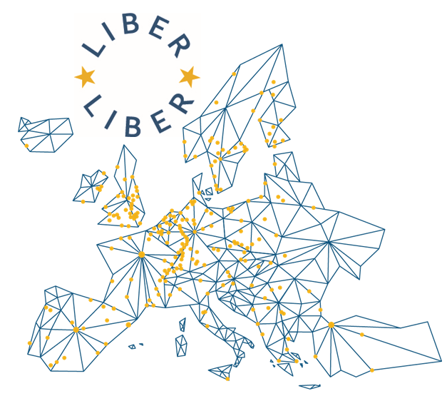Grafik mit einer Europa-Karte auf der in gelb Punkte eingezeichnet sind, die Standorte der Mitglieder von LIBER sind. Darüber das Logo von LIBER.